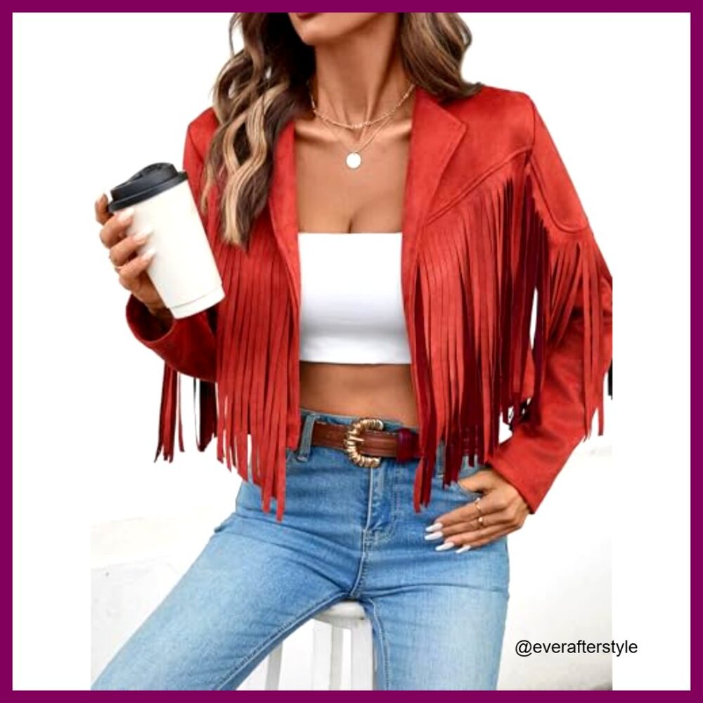 Faux Suede Cropped Jacket Fringe Tassel Western Style Boho Chic Fall Fashion - Picture 4 of 7